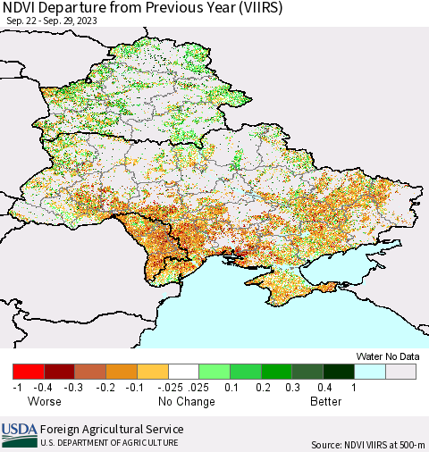 Ukraine, Moldova and Belarus NDVI Departure from Previous Year (VIIRS) Thematic Map For 9/21/2023 - 9/30/2023