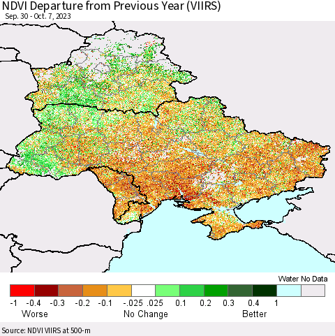 Ukraine, Moldova and Belarus NDVI Departure from Previous Year (VIIRS) Thematic Map For 9/30/2023 - 10/7/2023