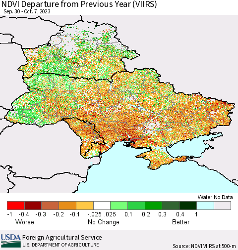 Ukraine, Moldova and Belarus NDVI Departure from Previous Year (VIIRS) Thematic Map For 10/1/2023 - 10/10/2023