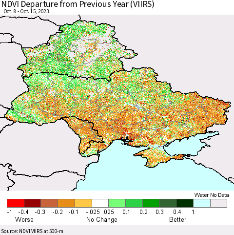 Ukraine, Moldova and Belarus NDVI Departure from Previous Year (VIIRS) Thematic Map For 10/8/2023 - 10/15/2023