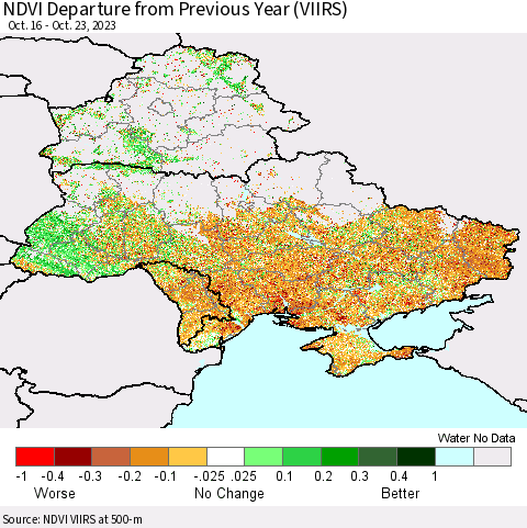Ukraine, Moldova and Belarus NDVI Departure from Previous Year (VIIRS) Thematic Map For 10/16/2023 - 10/23/2023