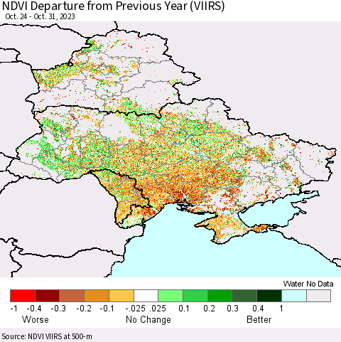 Ukraine, Moldova and Belarus NDVI Departure from Previous Year (VIIRS) Thematic Map For 10/21/2023 - 10/31/2023