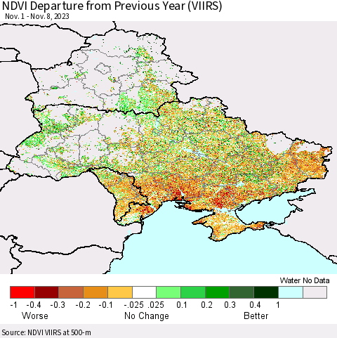 Ukraine, Moldova and Belarus NDVI Departure from Previous Year (VIIRS) Thematic Map For 11/1/2023 - 11/8/2023