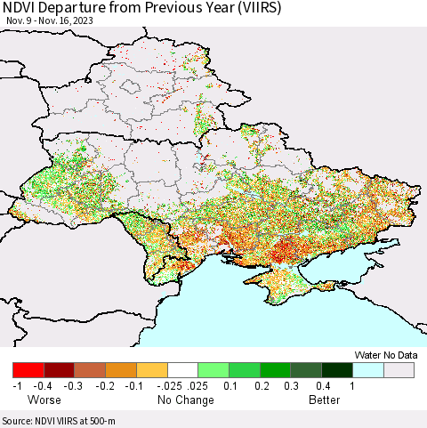 Ukraine, Moldova and Belarus NDVI Departure from Previous Year (VIIRS) Thematic Map For 11/9/2023 - 11/16/2023