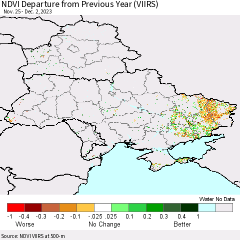 Ukraine, Moldova and Belarus NDVI Departure from Previous Year (VIIRS) Thematic Map For 11/25/2023 - 12/2/2023