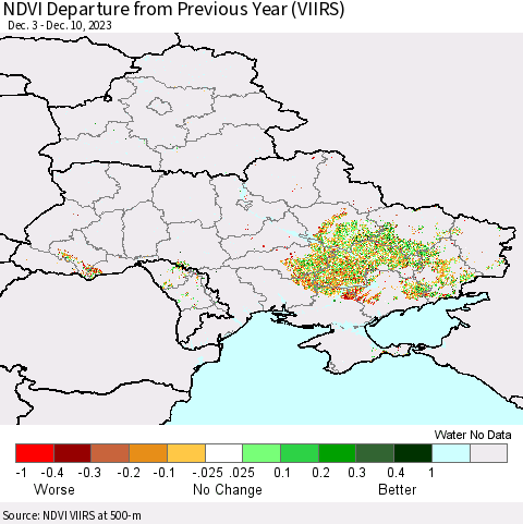 Ukraine, Moldova and Belarus NDVI Departure from Previous Year (VIIRS) Thematic Map For 12/1/2023 - 12/10/2023
