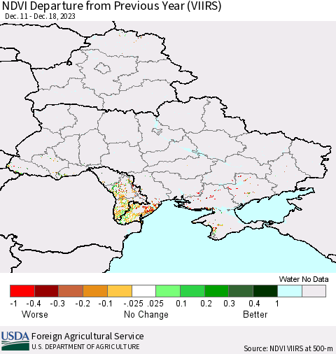 Ukraine, Moldova and Belarus NDVI Departure from Previous Year (VIIRS) Thematic Map For 12/11/2023 - 12/20/2023