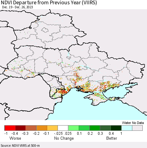 Ukraine, Moldova and Belarus NDVI Departure from Previous Year (VIIRS) Thematic Map For 12/19/2023 - 12/26/2023