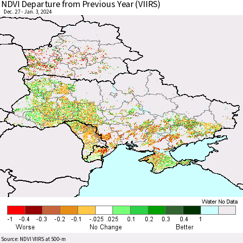 Ukraine, Moldova and Belarus NDVI Departure from Previous Year (VIIRS) Thematic Map For 12/27/2023 - 1/3/2024