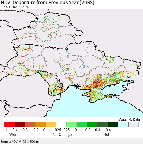 Ukraine, Moldova and Belarus NDVI Departure from Previous Year (VIIRS) Thematic Map For 1/1/2024 - 1/8/2024