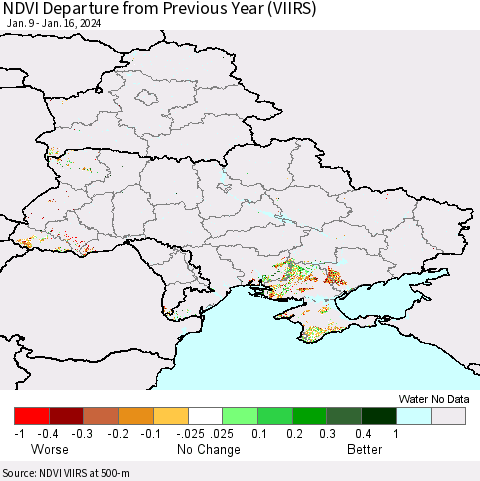 Ukraine, Moldova and Belarus NDVI Departure from Previous Year (VIIRS) Thematic Map For 1/9/2024 - 1/16/2024