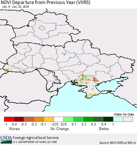 Ukraine, Moldova and Belarus NDVI Departure from Previous Year (VIIRS) Thematic Map For 1/11/2024 - 1/20/2024