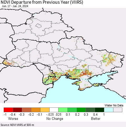 Ukraine, Moldova and Belarus NDVI Departure from Previous Year (VIIRS) Thematic Map For 1/17/2024 - 1/24/2024