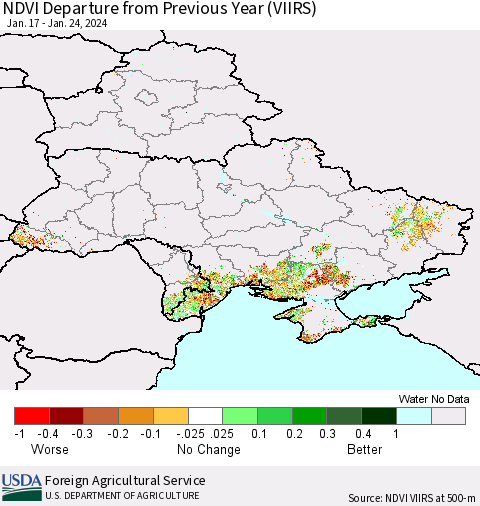 Ukraine, Moldova and Belarus NDVI Departure from Previous Year (VIIRS) Thematic Map For 1/21/2024 - 1/31/2024