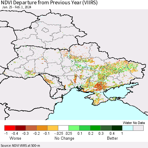 Ukraine, Moldova and Belarus NDVI Departure from Previous Year (VIIRS) Thematic Map For 1/25/2024 - 2/1/2024