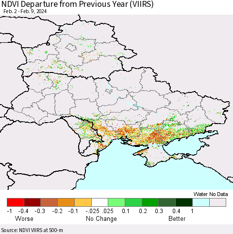 Ukraine, Moldova and Belarus NDVI Departure from Previous Year (VIIRS) Thematic Map For 2/2/2024 - 2/9/2024