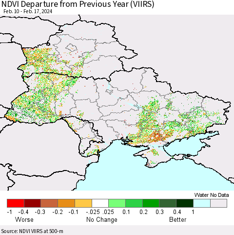Ukraine, Moldova and Belarus NDVI Departure from Previous Year (VIIRS) Thematic Map For 2/10/2024 - 2/17/2024