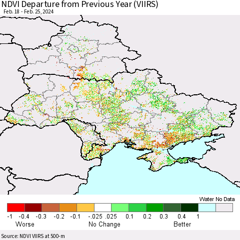 Ukraine, Moldova and Belarus NDVI Departure from Previous Year (VIIRS) Thematic Map For 2/18/2024 - 2/25/2024