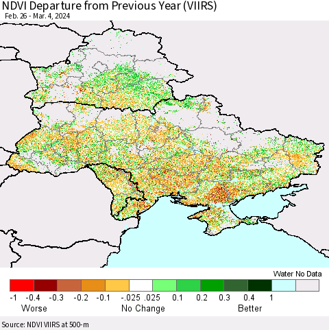 Ukraine, Moldova and Belarus NDVI Departure from Previous Year (VIIRS) Thematic Map For 2/26/2024 - 3/4/2024