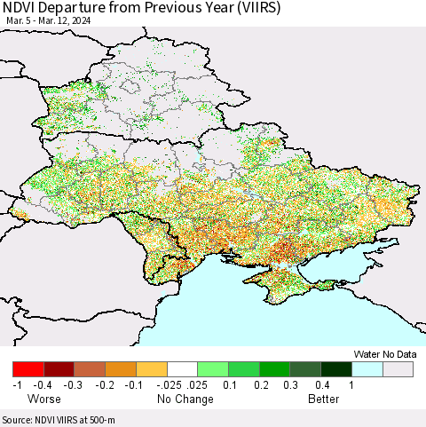 Ukraine, Moldova and Belarus NDVI Departure from Previous Year (VIIRS) Thematic Map For 3/5/2024 - 3/12/2024