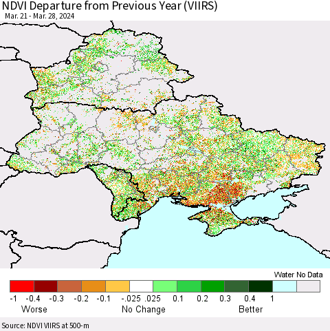 Ukraine, Moldova and Belarus NDVI Departure from Previous Year (VIIRS) Thematic Map For 3/21/2024 - 3/28/2024