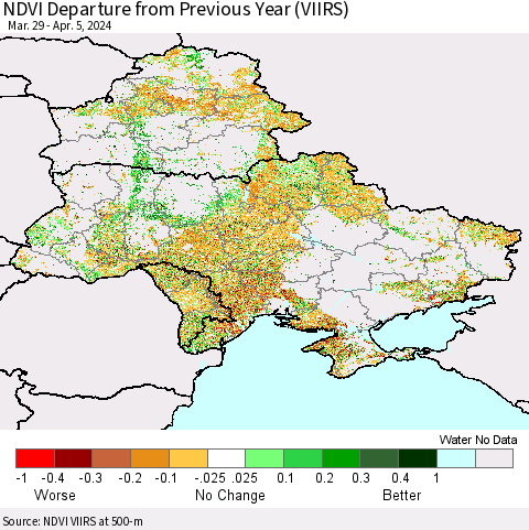 Ukraine, Moldova and Belarus NDVI Departure from Previous Year (VIIRS) Thematic Map For 3/29/2024 - 4/5/2024
