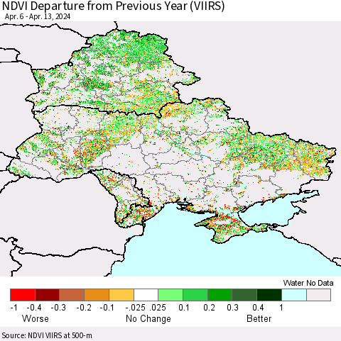 Ukraine, Moldova and Belarus NDVI Departure from Previous Year (VIIRS) Thematic Map For 4/6/2024 - 4/13/2024