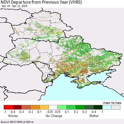 Ukraine, Moldova and Belarus NDVI Departure from Previous Year (VIIRS) Thematic Map For 4/14/2024 - 4/21/2024