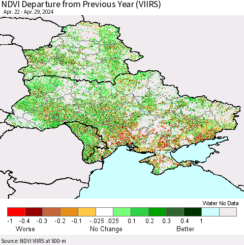 Ukraine, Moldova and Belarus NDVI Departure from Previous Year (VIIRS) Thematic Map For 4/22/2024 - 4/29/2024