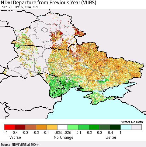 Ukraine, Moldova and Belarus NDVI Departure from Previous Year (VIIRS) Thematic Map For 9/29/2024 - 10/6/2024