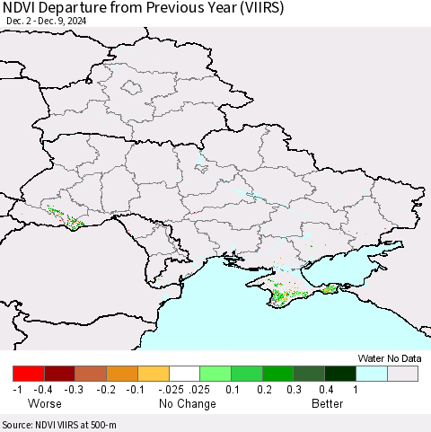 Ukraine, Moldova and Belarus NDVI Departure from Previous Year (VIIRS) Thematic Map For 12/2/2024 - 12/9/2024