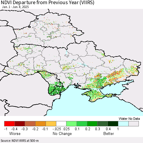Ukraine, Moldova and Belarus NDVI Departure from Previous Year (VIIRS) Thematic Map For 1/1/2025 - 1/8/2025