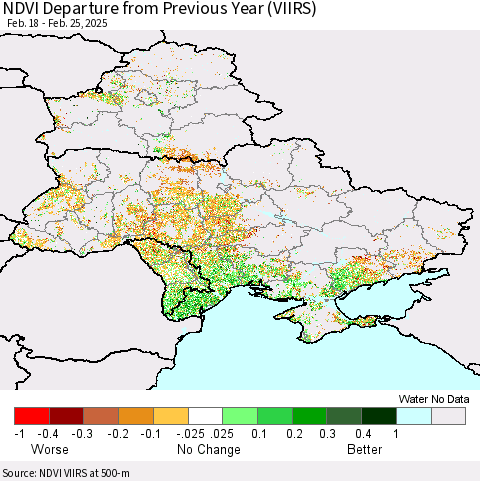 Ukraine, Moldova and Belarus NDVI Departure from Previous Year (VIIRS) Thematic Map For 2/18/2025 - 2/25/2025