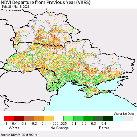 Ukraine, Moldova and Belarus NDVI Departure from Previous Year (VIIRS) Thematic Map For 2/26/2025 - 3/5/2025