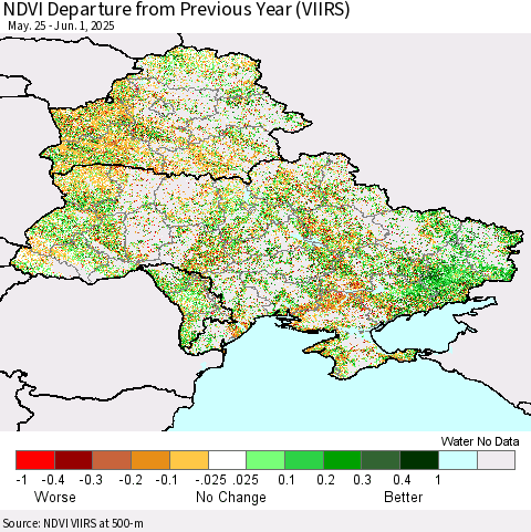 Ukraine, Moldova and Belarus NDVI Departure from Previous Year (VIIRS) Thematic Map For 5/25/2025 - 6/1/2025