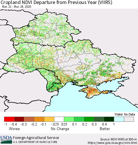 Ukraine, Moldova and Belarus Cropland NDVI Departure from Previous Year (VIIRS) Thematic Map For 3/21/2020 - 3/31/2020