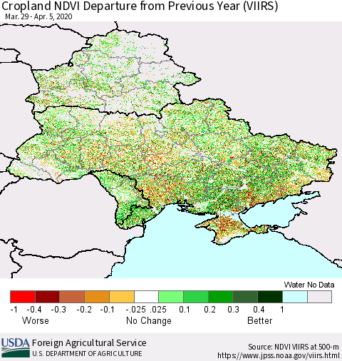 Ukraine, Moldova and Belarus Cropland NDVI Departure from Previous Year (VIIRS) Thematic Map For 4/1/2020 - 4/10/2020