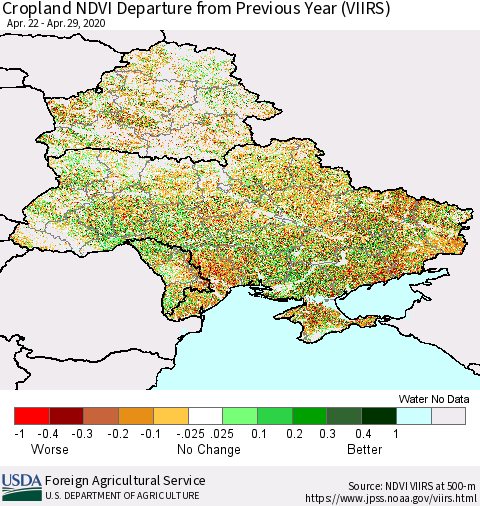 Ukraine, Moldova and Belarus Cropland NDVI Departure from Previous Year (VIIRS) Thematic Map For 4/21/2020 - 4/30/2020