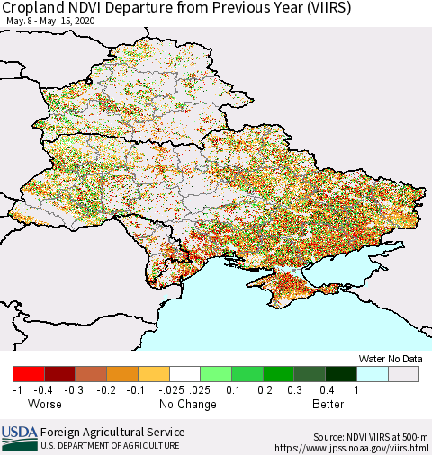 Ukraine, Moldova and Belarus Cropland NDVI Departure from Previous Year (VIIRS) Thematic Map For 5/11/2020 - 5/20/2020