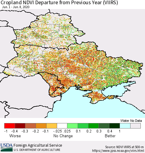 Ukraine, Moldova and Belarus Cropland NDVI Departure from Previous Year (VIIRS) Thematic Map For 6/1/2020 - 6/10/2020