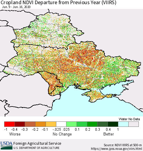 Ukraine, Moldova and Belarus Cropland NDVI Departure from Previous Year (VIIRS) Thematic Map For 6/11/2020 - 6/20/2020