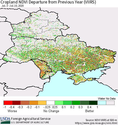 Ukraine, Moldova and Belarus Cropland NDVI Departure from Previous Year (VIIRS) Thematic Map For 7/1/2020 - 7/10/2020