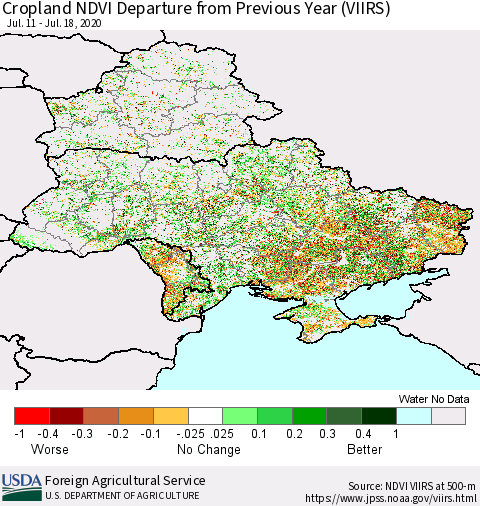 Ukraine, Moldova and Belarus Cropland NDVI Departure from Previous Year (VIIRS) Thematic Map For 7/11/2020 - 7/20/2020