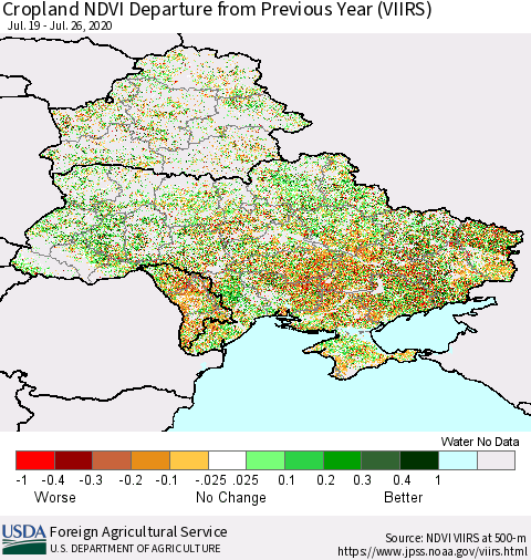 Ukraine, Moldova and Belarus Cropland NDVI Departure from Previous Year (VIIRS) Thematic Map For 7/21/2020 - 7/31/2020