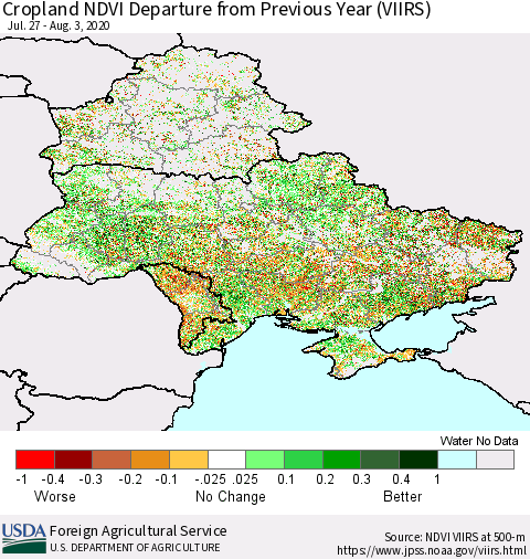 Ukraine, Moldova and Belarus Cropland NDVI Departure from Previous Year (VIIRS) Thematic Map For 8/1/2020 - 8/10/2020
