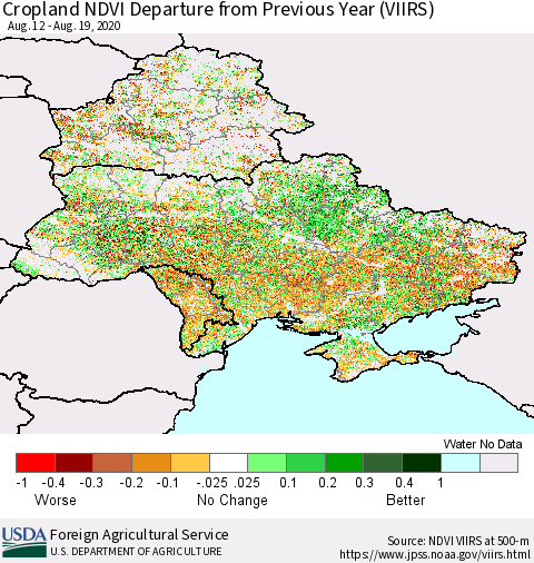 Ukraine, Moldova and Belarus Cropland NDVI Departure from Previous Year (VIIRS) Thematic Map For 8/11/2020 - 8/20/2020
