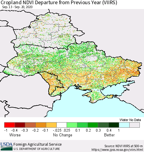 Ukraine, Moldova and Belarus Cropland NDVI Departure from Previous Year (VIIRS) Thematic Map For 9/11/2020 - 9/20/2020