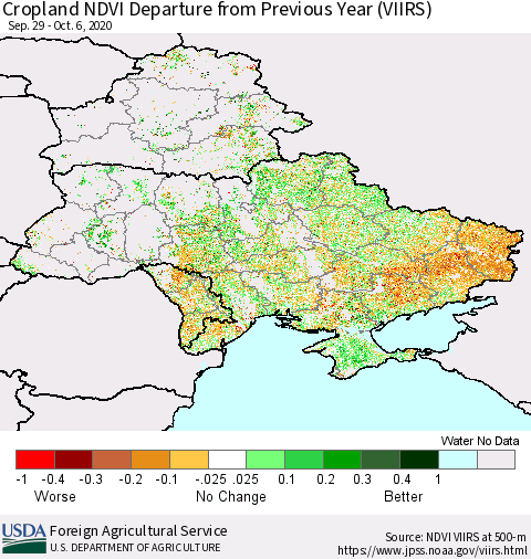 Ukraine, Moldova and Belarus Cropland NDVI Departure from Previous Year (VIIRS) Thematic Map For 10/1/2020 - 10/10/2020