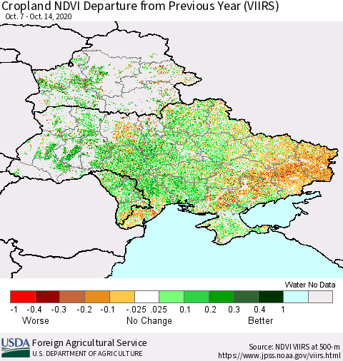 Ukraine, Moldova and Belarus Cropland NDVI Departure from Previous Year (VIIRS) Thematic Map For 10/11/2020 - 10/20/2020
