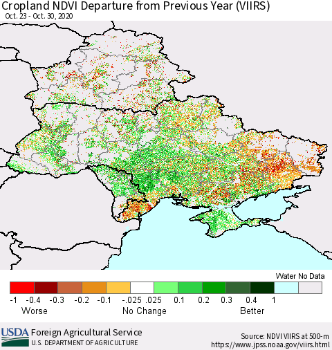 Ukraine, Moldova and Belarus Cropland NDVI Departure from Previous Year (VIIRS) Thematic Map For 10/21/2020 - 10/31/2020